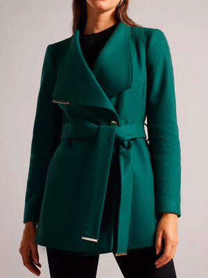 Rosess short belted wool wrap coat in dark green