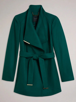 Rosess short belted wool wrap coat in dark green