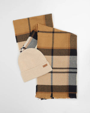 Pendle beanie and blair scarf set in hessian