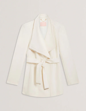Rosess short belted wool wrap coat in ivory