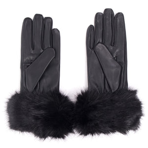 Faux fur trim leather gloves in black