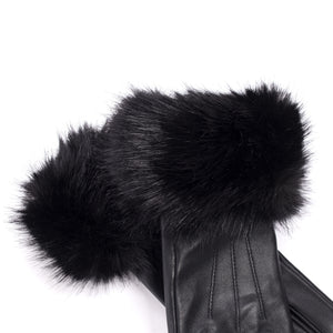 Faux fur trim leather gloves in black