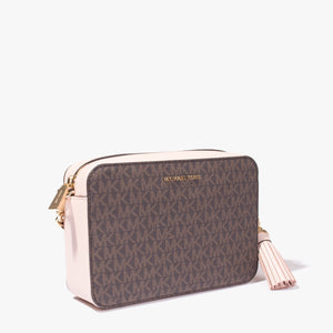 MK logo camera bag in brown & soft pink