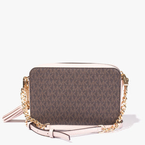 MK logo camera bag in brown & soft pink