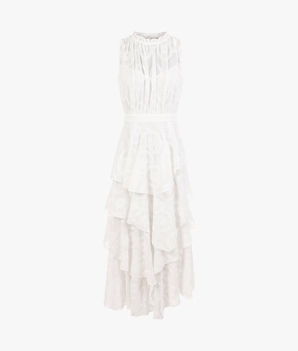 floryah embroidered midi dress with tiered skirt