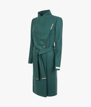 Rose mid length wool wrap coat in dark green