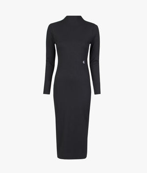 Shiny rib high neck dress in black