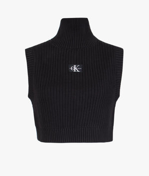 Badge cropped high neck top in black