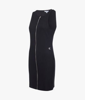 Zipper elongated rib dress in black