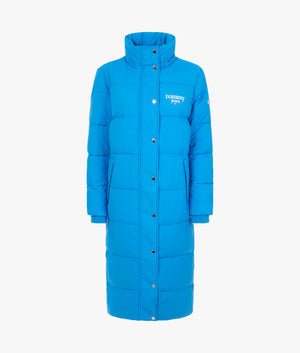 Graphic longline puffer in deep sky blue