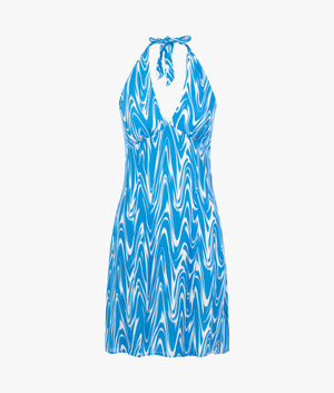 Psychedelic halter neck dress in blue print