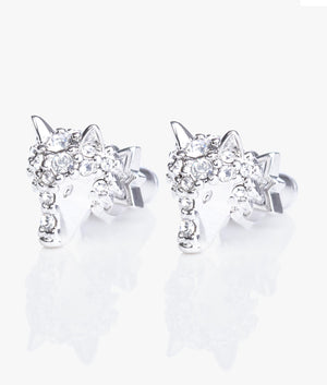Lupa crystal wolf stud earrings in silver