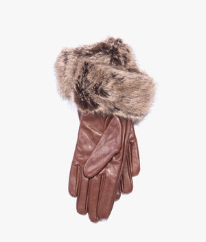 Faux fur trim leather gloves in dark caramel