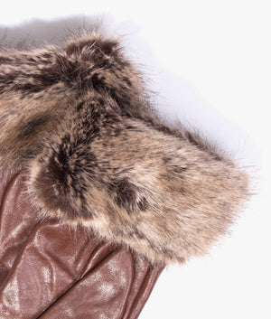 Faux fur trim leather gloves in dark caramel