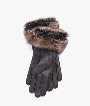 Faux fur trim leather gloves in dark brown