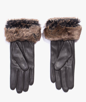 Faux fur trim leather gloves in dark brown