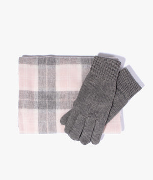 Tartan scarf and glove set in pink & grey