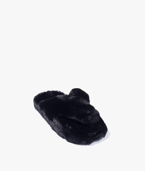 Lopply faux fur cross over slippers in black