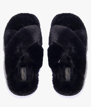 Lopply faux fur cross over slippers in black