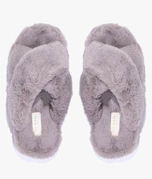 Lopply faux fur cross over slippers in light grey